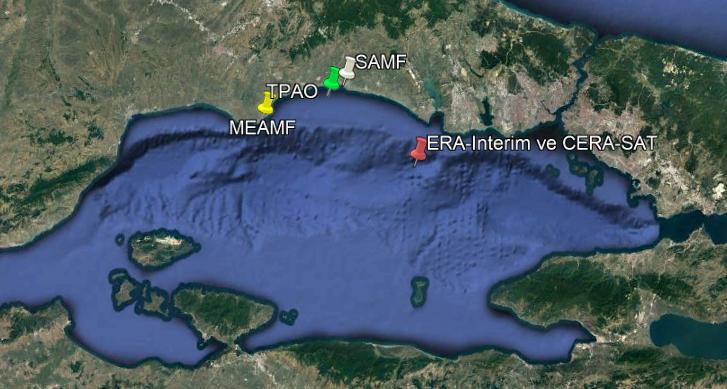 Şekil 1: TPAO, Silivri Ana Mendirek Feneri (SAMF), Marmara Ereğlisi Ana Mendirek Feneri (MEAMF), ERA-Interim ve CERA-SAT veri noktasının Marmara Denizi ndeki konumları YÖNTEM Basitleştirilmiş dalga