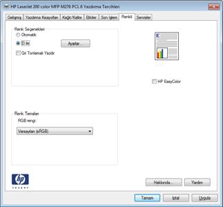 Renk seçeneklerini değiştirme (Windows) 1. Yazılım programından, Yazdır seçeneğini belirleyin. 2. Ürünü seçin ve Özellikler veya Tercihler düğmesini tıklatın. 3. Renk sekmesini tıklatın. 4.