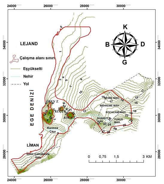 Burhaniye (Balıkesir) ilçesi yerleşim alanında yükseklik kıyı kesimlerden güneye doğru artmakta 25 m ye ulaşmaktadır.