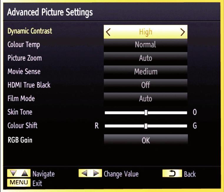 Press OK button to view Picture Settings menu. Power Save Mode: Use or button to select Power Save Mode. Press or button to set Power Save Mode as Eco, Picture Off and Disabled.