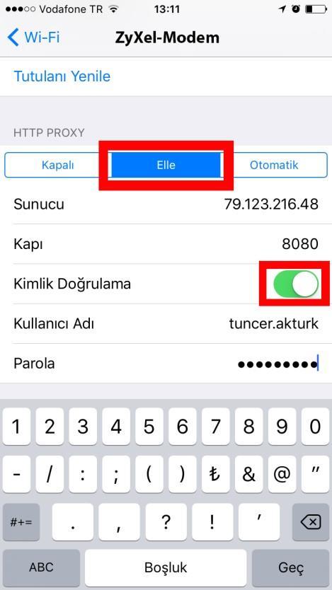 olarak doldurunuz), kapı alanı 8080, kullanıcı adı alanı kurumsal