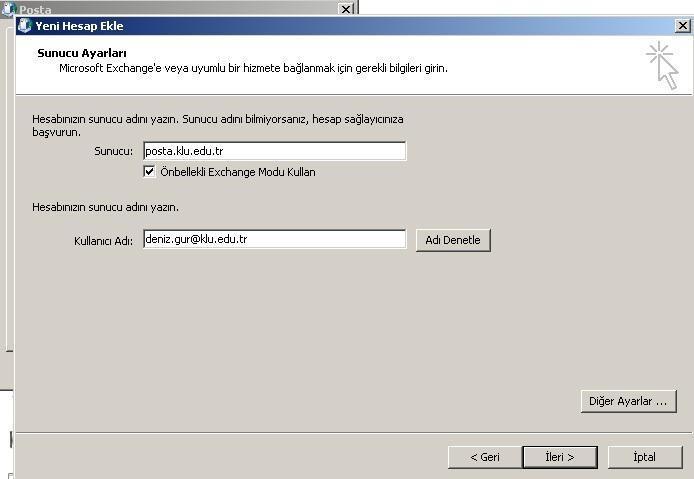 6)Açılan pencerede Sunucu kısmına posta.klu.edu.
