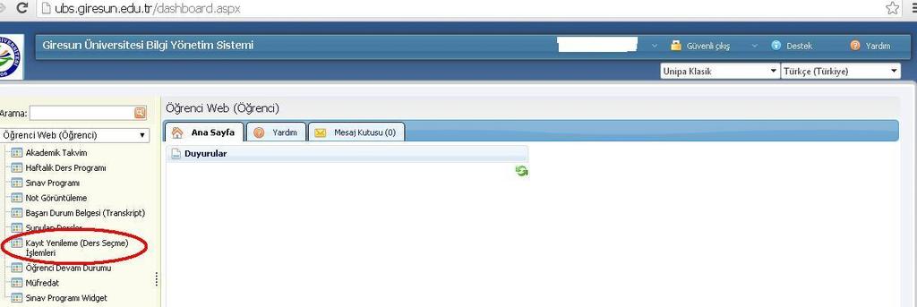 a. Sisteme giriş ve öğrenci bilgilendirme ekranı 1) Sisteme giriş: Sisteme kullanıcı adı ve şifre yazılarak giriş yapılır. Şifresini unutan öğrenciler ubs.giresun.edu.