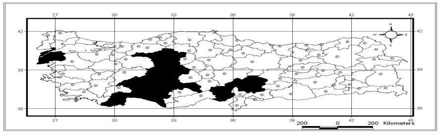 Harita 3.4. Dorcadion anatolicum un Türkiye yayılıģı (Okutaner, 2011a ya ek düzenleme yapılmıģtır) Dünya yayılıģı: Türkiye.