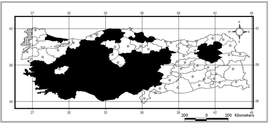 Türkiye yayılıģı: Adana, Afyon, Aksaray, Ankara, Antalya, Aydın, Bilecik, Bolu, Burdur, Denizli, Düzce, EskiĢehir, Erzurum, Isparta, Ġçel, Ġstanbul, Ġzmir, KahramanmaraĢ, Kastamonu, Karabük, Karaman,