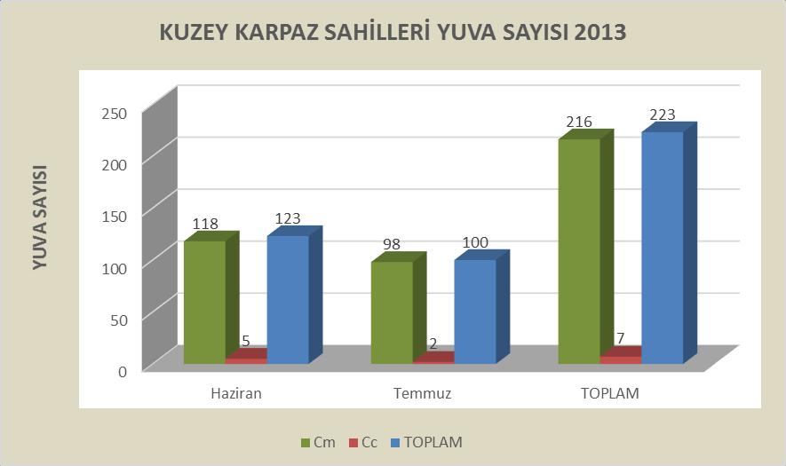 SONUÇLAR ve DEĞERLENDİRMELER 1 - KUZEY KARPAZ SAHİLLERİ Kuzey Karpaz diye adlandırdığımız 12 kumsalda toplam 223 yuva tesbit edilmiştir (216 Chelonia mydas, 7 Caretta caretta).