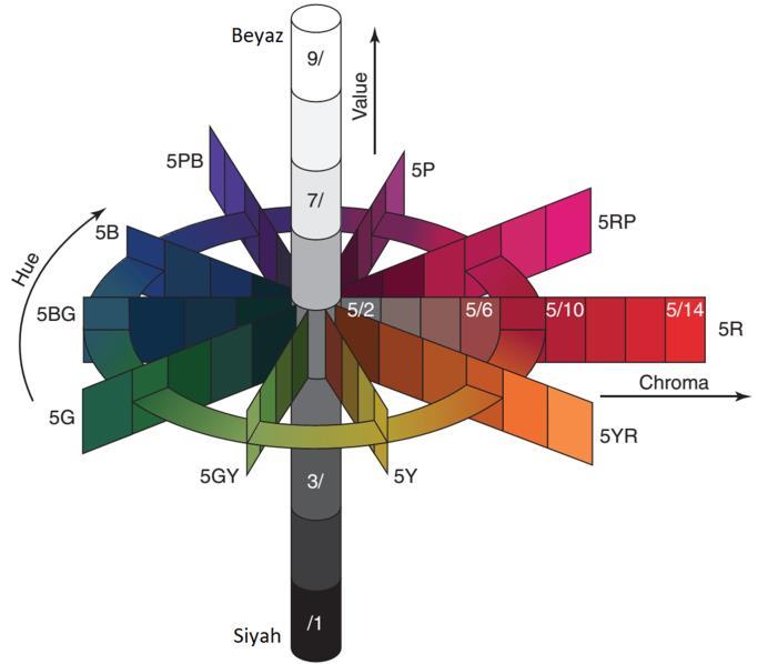 8 Munsell Renk Sistemi: 1905 yılında Albert Henry Munsell tarafından geliştirildiği bildirilen bu renk sistemi; rengin 3 boyutunu hue, chroma ve value olarak tanımlamaktadır (Bayındır ve Wee, 2006;