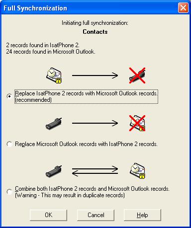 Telefonunuz bir bilgisayarla ilk kez senkronize edildiğinde, aşağıdaki üç seçenekten birini seçmeniz istenir: Replace IsatPhone 2 records with Outlook records (IsatPhone 2 kayıtlarını Outlook