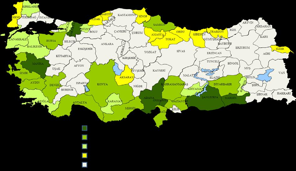 Türkiye de Tane Mısır Üretimi Yapılan İller ve Üretim Miktarları Haritası Not: TÜİK 2016 verilerine göre hazırlanmıştır. Ülkemizde mısır üretimi I. ürün ve II.