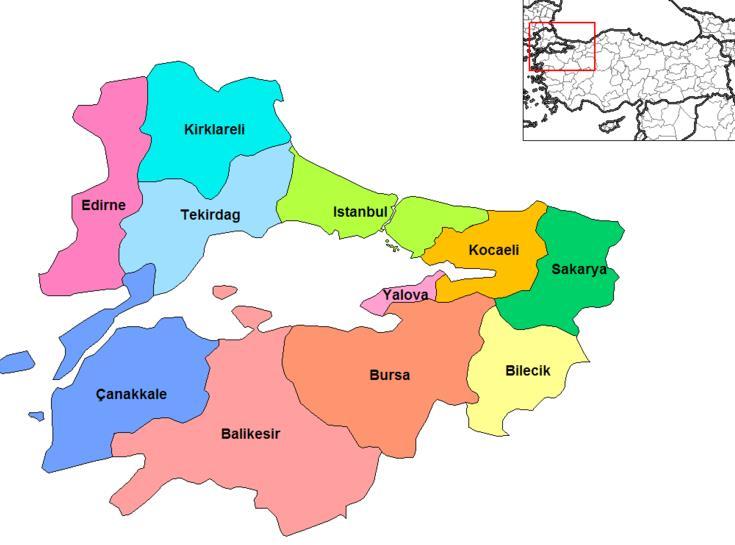 1. YERLEŞMENİN ÜLKESEL VE BÖLGESEL ÖLÇEKTEKİ YERİ 1.1. YERLEŞMENİN GENEL KONUMU: Şekil 1. Planlama Alanı - Marmara Bölgesi ndeki Konumu.