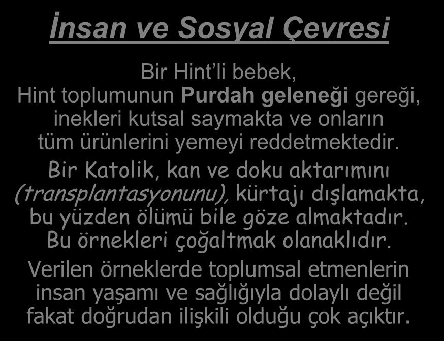 İnsan ve Sosyal Çevresi Bir Hint li bebek, Hint toplumunun Purdah geleneği gereği, inekleri kutsal saymakta ve onların tüm ürünlerini yemeyi reddetmektedir.