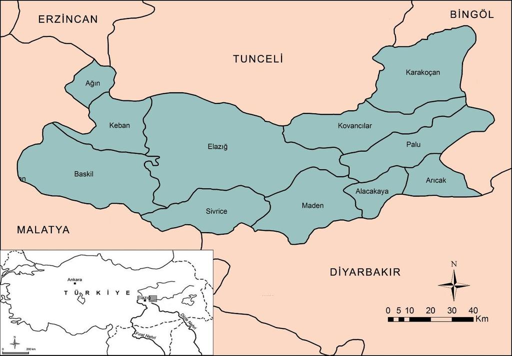Elazığ İli Ağızlarında Fonetik Sapmalar DİYALEKTOLOG GĠRĠġ Elazığ ın Konumu Elazığ, doğuda Bingöl, güneyde Diyarbakır, batıda Malatya ve kuzeyde de Tunceli ile komşudur.