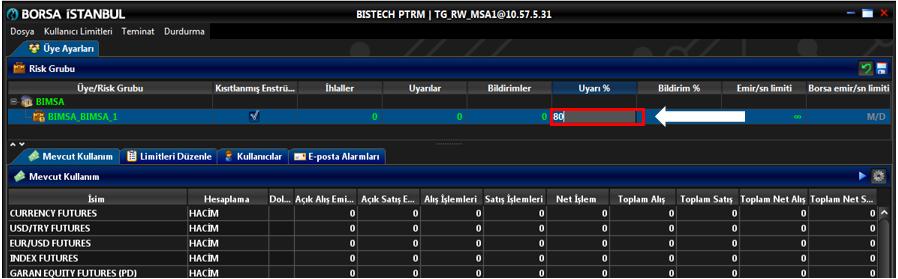 BISTECH İşlem Öncesi Risk Yönetimi (PTRM) Uygulaması VİOP Kullanıcı Kılavuzu İhlaller: Risk limitleri aşılmıştır. Bir risk grubunun ikaz ve bildiri yüzdelerini ayarlamak için: 1.