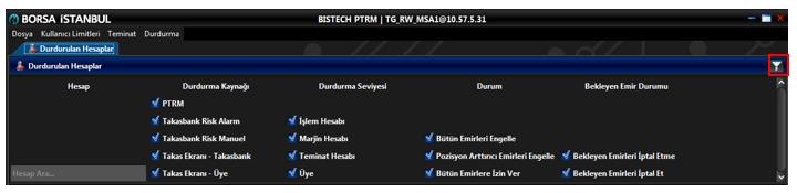 Şekil 87 Durdurulan Hesaplar Sekmesi Filtreleme Seçenekleri Ekran Görüntüsü BISTECH İşlem Öncesi Risk Yönetimi (PTRM) Uygulaması VİOP Kullanıcı Kılavuzu Durdurulan hesap bilgilerinin ekran görüntüsü