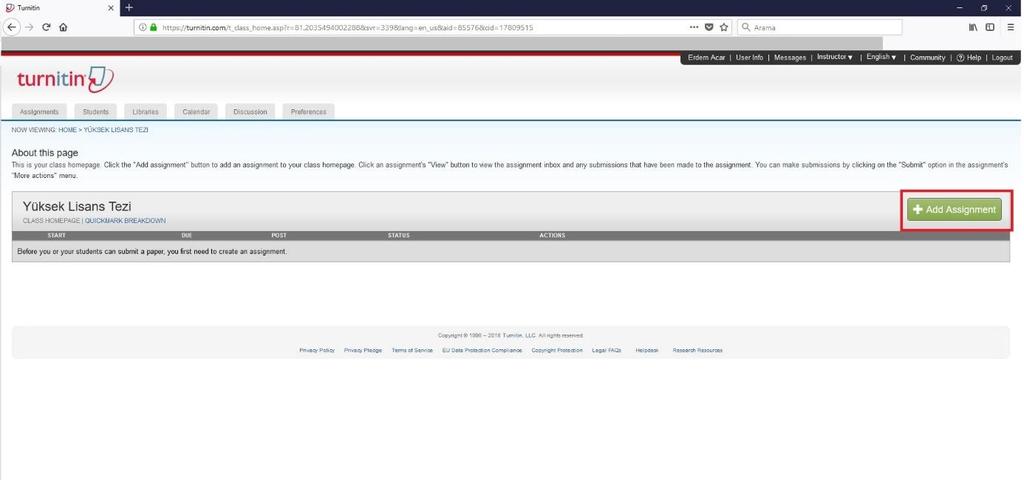 6. Açılan sayfada, Add Assignment bağlantısına tıklanır. 7.