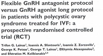 220 PCOS IVF hastası iki gruba ayrıldı; 110 long-agonist 110 fleksible antagonist Sonuçlar: Devam eden gebelik oranı benzer (%50.9-47.