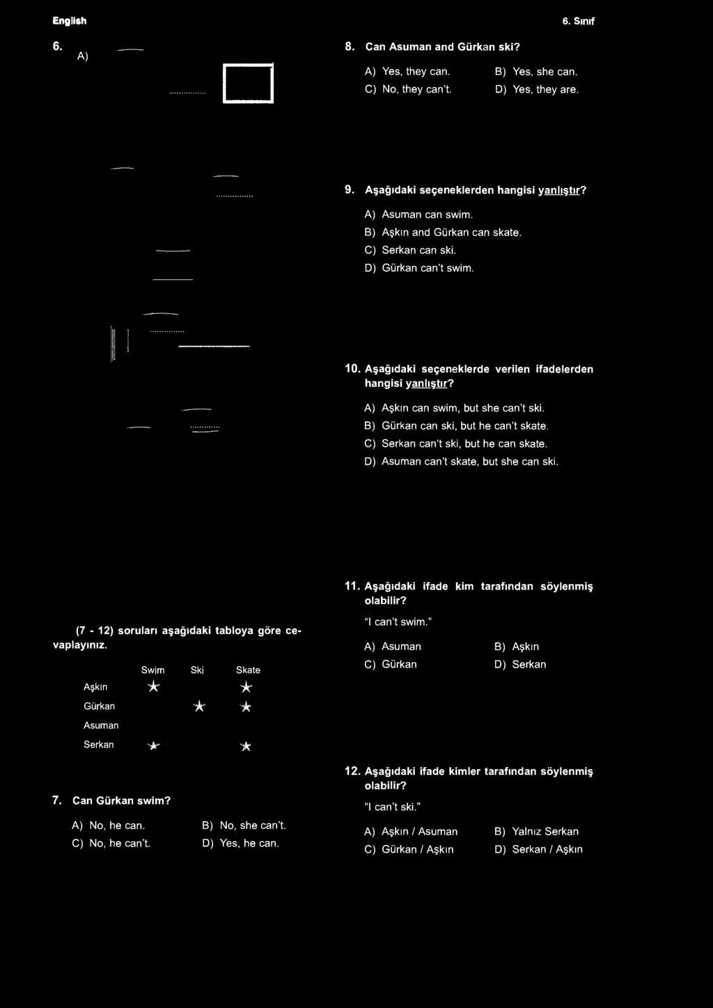 English 6. Sınıf 6. A) 8. Can Asuman and Gürkan ski? A) Yes, they can. B) Yes, she can. C) No, they can't. D) Yes, they are. 9. Aşağıdaki seçeneklerden hangisi yanlıştır? A) Asuman can swim.