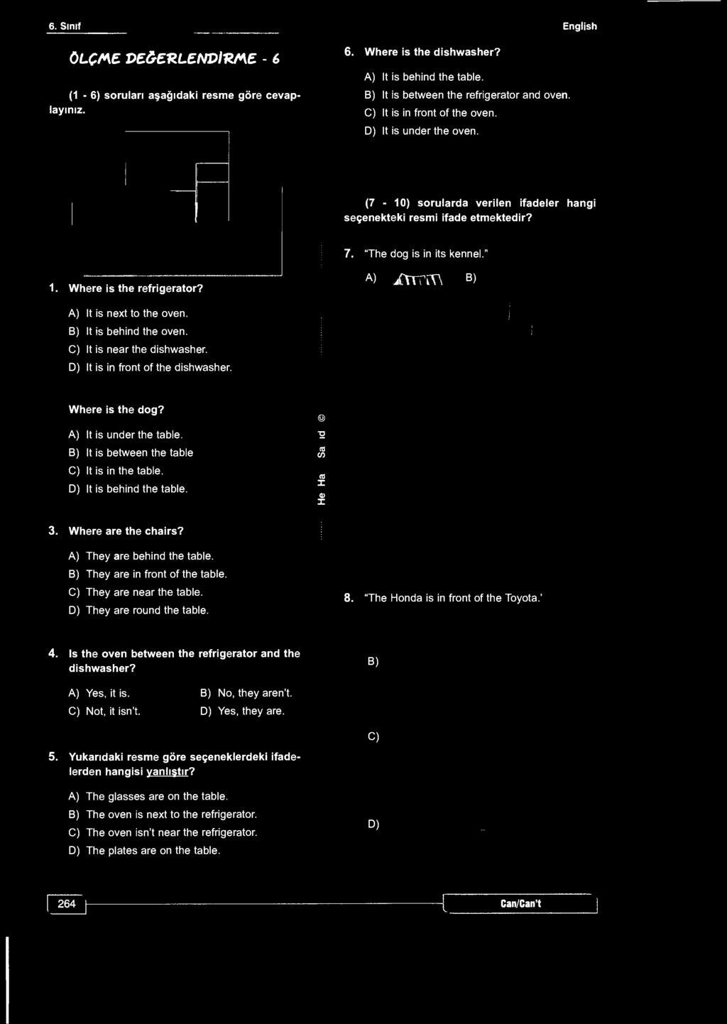6. Sınıf English (1-6) soruları aşağıdaki resme göre cevaplayınız. ÖLÇME VEĞERLENDİ-RME - 6 6. Where is the dishwasher? A) It is behind the table. B) It is between the refrigerator and oven.