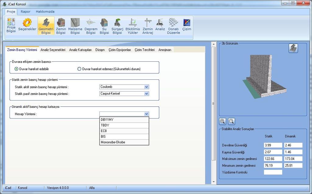 Yönetmeliklere göre analiz sonuçlarının karşılaştırılması icad Konsol istinat duvarı yazılımı