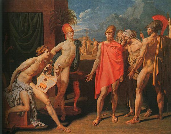 Jacques Louis David in yoğun olarak ilgilendiği Troia konuları arasında Patraclos un Gömülme Töreni, David geleneksel bir Troia konusu olan Hector a Yas Tutan Andromache adlı eserleri ile