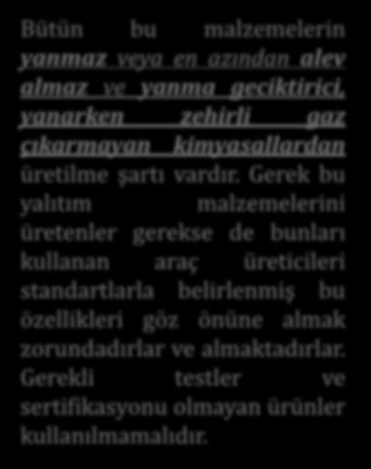 Yalıtım Malzemeleri Bütün bu malzemelerin yanmaz veya en azından alev almaz ve yanma geciktirici, yanarken zehirli gaz çıkarmayan kimyasallardan üretilme şartı vardır.