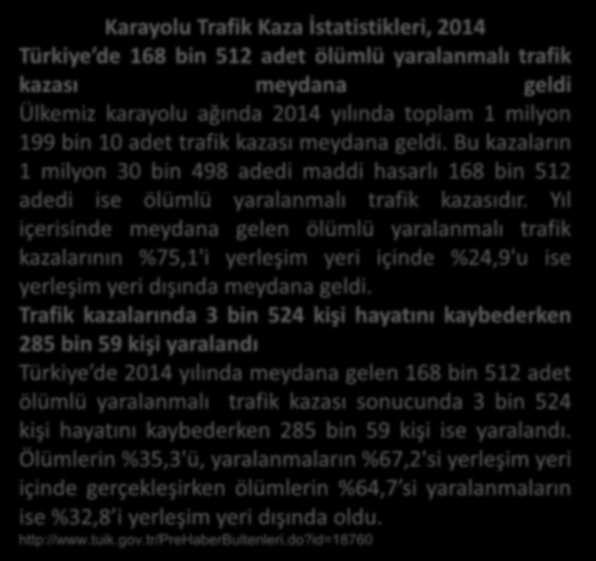 TRAFİK KAZALARI - TÜRKİYE Karayolu Trafik Kaza İstatistikleri, 4 Türkiye de 168 bin 512 adet ölü lü yarala alı trafik kazası meydana geldi Ülke iz karayolu ağı da 2014 yılı da toplam 1 milyon 199 bin