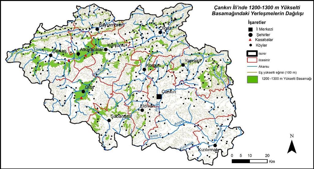 Atkaracalar ilçeleri takip etmektedir. Söz konusu kuşakta Çerkeş ilçesinin 14, Ilgaz ilçesinin 17, Kurşunlu ilçesinin 9, Orta ilçesinin 14 ve Yapraklı ilçesinin ise 8 köy yerleşmesi bulunmaktadır.