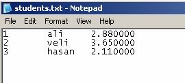 ..\n"); return 1; do printf("ogrenci Numarasini Giriniz : "); scanf("%d", &studentid); printf("ogrenci Adini Giriniz : "); scanf("%s", studentname); printf("ogrenci GANO Giriniz