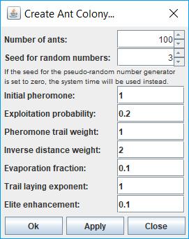 2 Problemi oluştururken Seed for Random Numbers değeri 2 olarak seçilmelidir. 3 Actions -> Create Ant Colony yolunu izleyerek 100 karınca oluşturunuz.