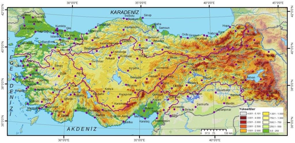 ġekil 4. ÇalıĢmada kullanılan istasyonların dağılıģı 2 ( f f ') F f ' f ' k 2 k k i 1 i 1 i 1 Ki-kare istatistiğinin hesaplanması için gözlenen değerlerden (f) beklenen değerler (f ) çıkarılır.