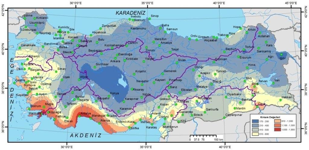 ġekil 8. Türkiye'de ortalama aylık toplam yağıģların ki kare analizi sonuçları haritası (1964-2003)