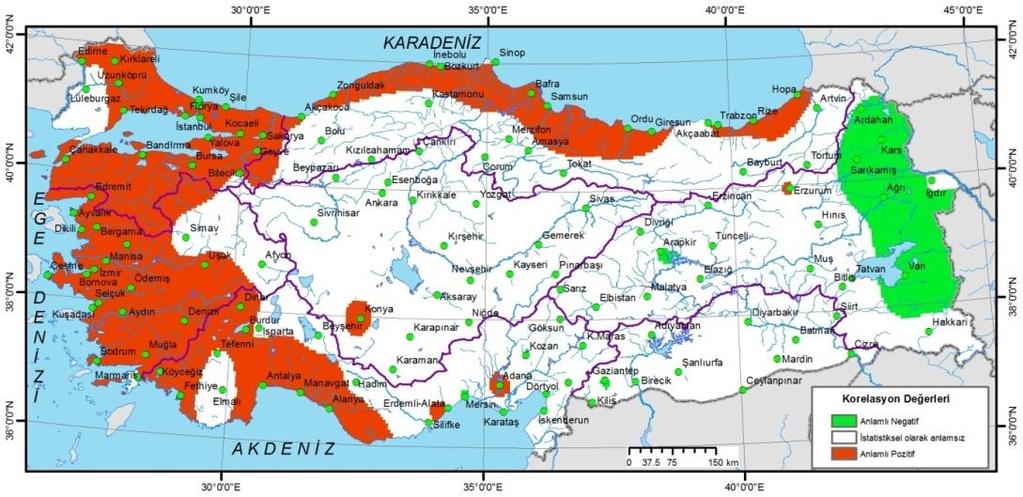 ġekil 10. Türkiye'de sıcaklıkların ki-kare değerlerinin anlamlı korelasyon değerleri haritası (1964-2003).