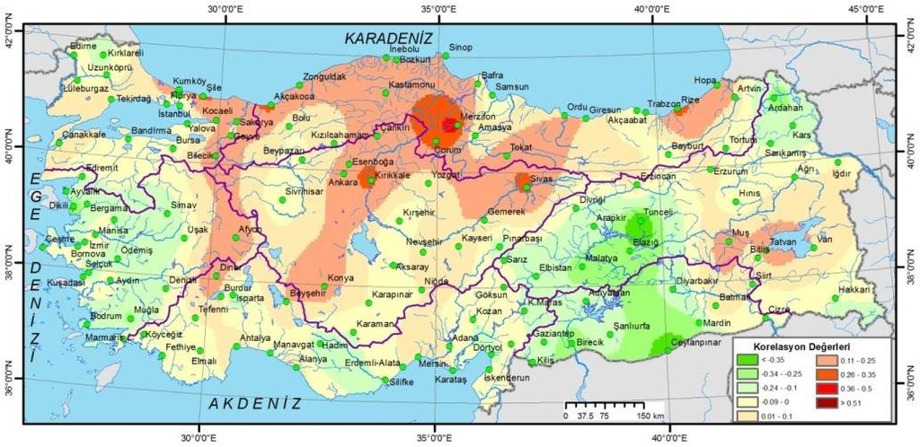 YağıĢın düzensizliği korelasyonun sıcaklığın tersine homojen bir dağılım göstermemektedir.