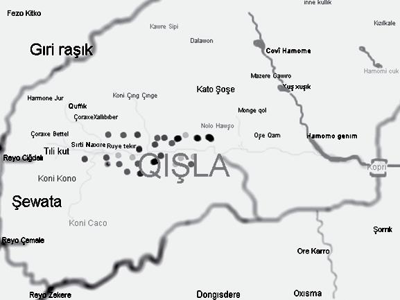 Goristan: Li kêlekê gund e. Wextê ku merî ji jêr de dikeve nav gund, berî goristan hene. Berê hevşo yê mezêl tune bu. BerŞi dehsalan hevs hat çêkirin.