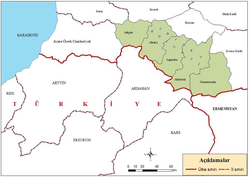 Cavaheti bölgesi olarak adlandırılmıştır. Bu bölge içerisinde Adigön, Ahıska, Aspindza, Ahilkelek ve Ninotsiminda adında 5 ilçe ve yaklaşık 250 köy yerleşmesi bulunmaktadır (Şekil 1).