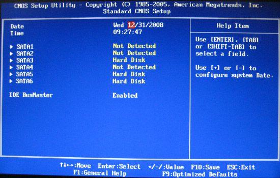 STANDARD CMOS SETUP Tarih / saat Video mod Halt on : BIOS test yaparken bir hata