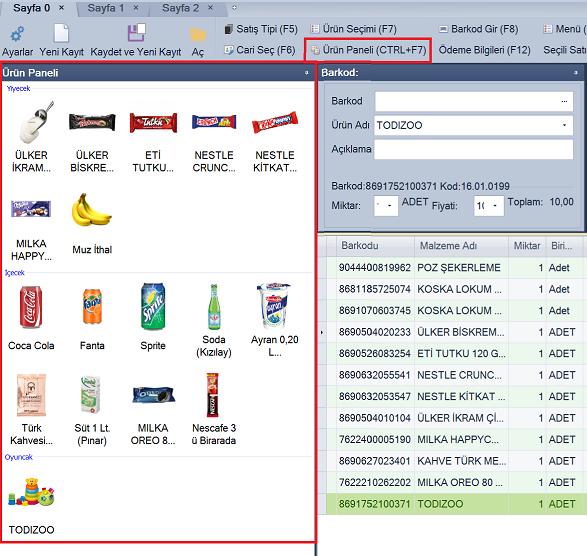 Ürün Paneli(CTRL+F7): En çok satılan barkodu olmayan ürünler için tasarlanmıştır. Bu panel dokunmatik ekran özelliğine sahiptir.