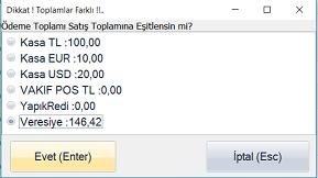 Eğer tutar la ödenen fiyatları eşit olmazsa program kayıt yapılmasını engelliyor. Veresiyeyse otomatik olarak rakamları bizim yerimize program yazıyor.