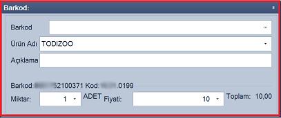 2.2. Panel İçeriği Bu alanda ürünün barkod bilgisi, ürün adı, açıklama kısmı, miktar ve fiyat bilgisi seçilmesi sağlanır.