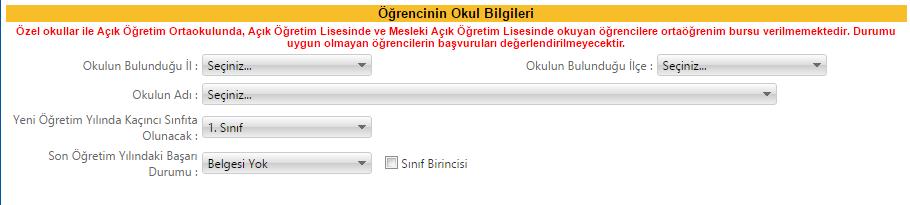 3. Öğrencinin Okul Bilgileri Bölümü: Bu bölüm, öğrencinin okumakta olduğu okulun adı (ilkokul, ortaokul ve lise), sınıf bilgisi ve okulunun bulunduğu il, ilçe bilgisi ile öğrencinin son eğitim