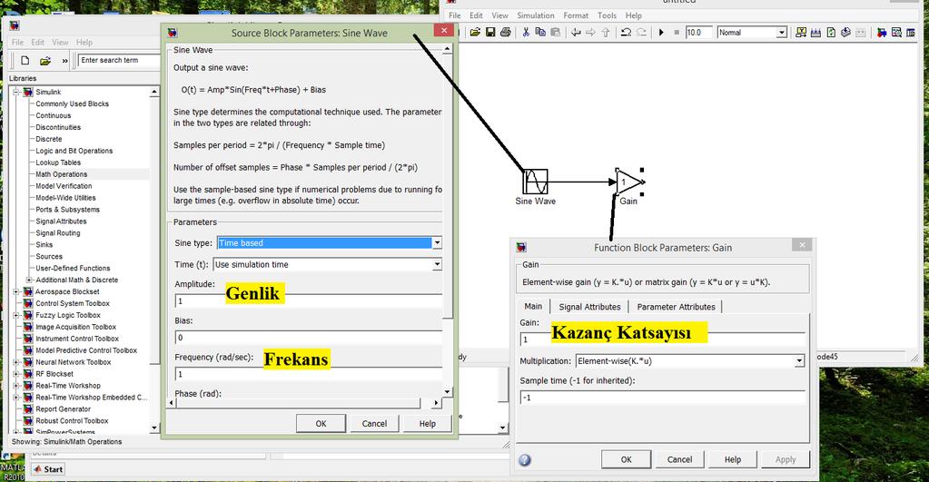 Şekil 8'de bir önceki başlık altında verilen "Sinüs dalgası (Sine Wave)" bloğu ile "Kazanç (Gain)" bloğu arasındaki bağlantı gösterilmiştir.