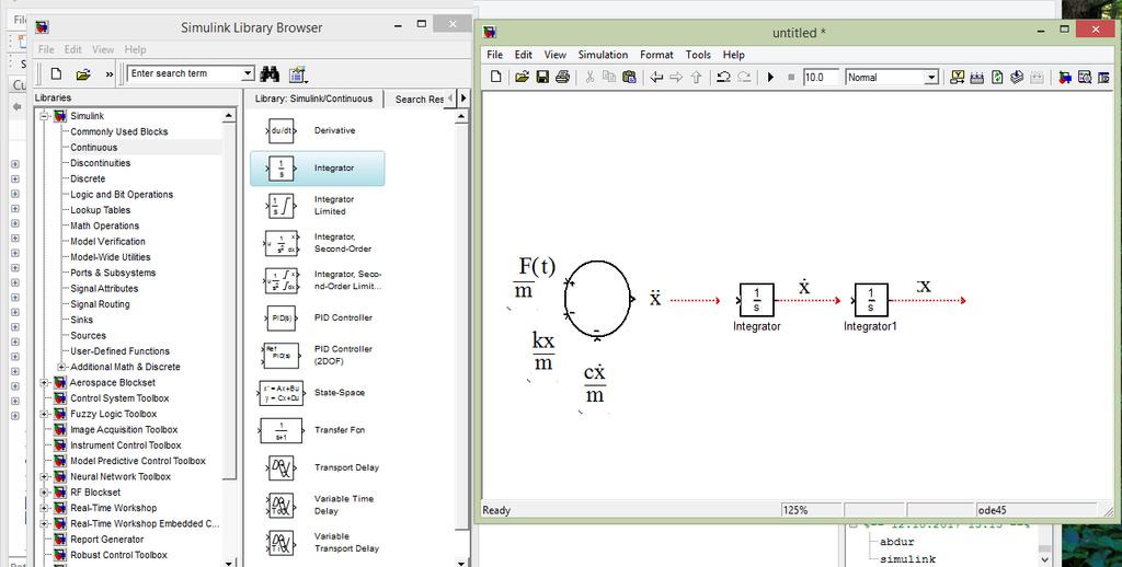 1/m ifadesi ile çarpılarak x elde edilmektedir. O halde Simulink kütüphanesinden bu toplam ve çıkartma işlemleri için bir blok seçilebilir.