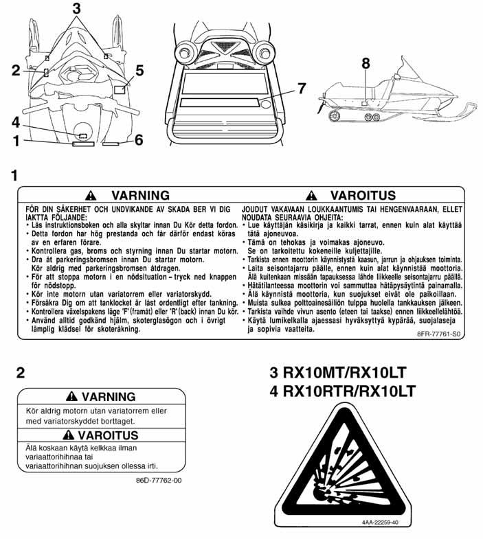 Güvenlik bilgileri ESU10241 Önemli etiketlerin yerleri Bu kar motosikletini çal flt rmadan önce lütfen afla daki etiketleri dikkatlice okuyunuz.