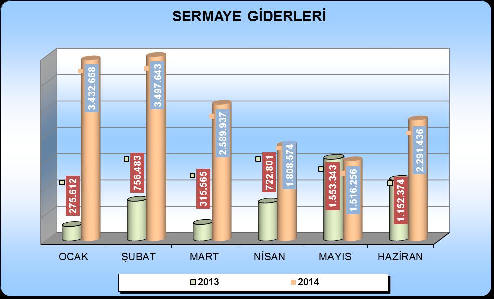 05. Sermaye Giderleri 2014 Yılı Ocak-Haziran döneminde; köprülü kavşak proje yapımları, asfalt alımı ve serimi, stabilize serimi, park ve bahçe yapımı, tretuvar yapımı gibi yatırım giderlerimizin yer