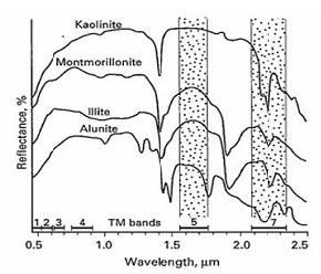 Şekil 1.5: Bazı demir oksit minerallerinin spektral özellikleri ve Landsat 5 TM bantlarının konumu (Sabins, 1999). Şekil 1.