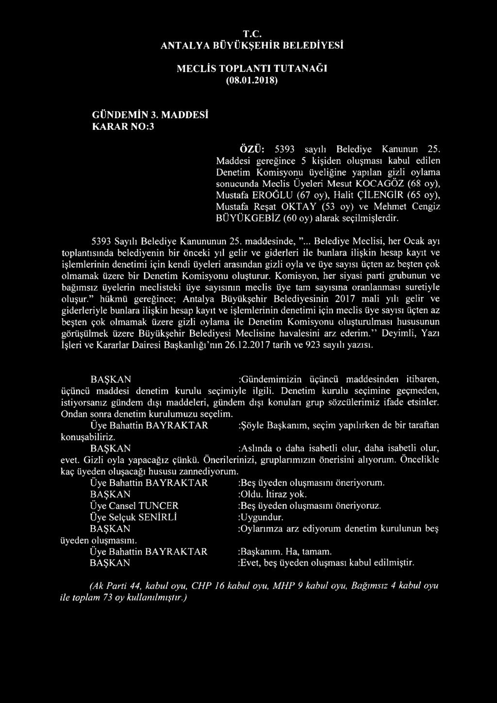 Mustafa Reşat OKTAY (53 oy) ve Mehmet Cengiz BÜYÜKGEBİZ (60 oy) alarak seçilmişlerdir. 5393 Sayılı Belediye Kanununun 25. maddesinde,.