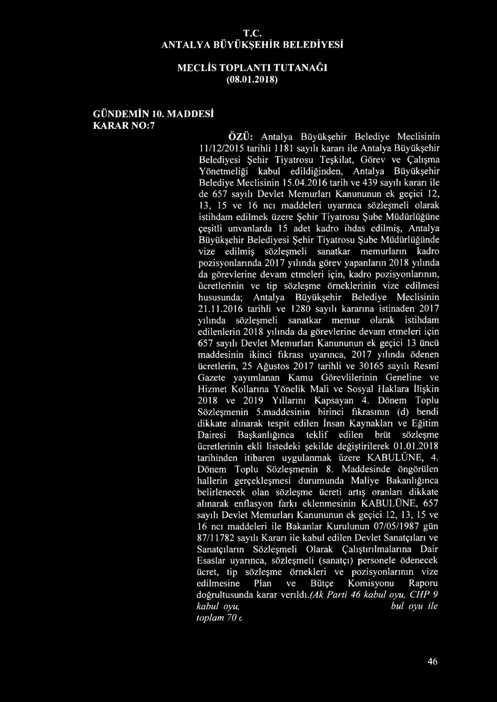 edildiğinden, Antalya Büyükşehir Belediye Meclisinin 15.04.