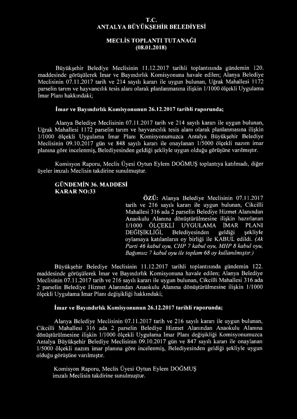 2017 tarih ve 214 sayılı kararı ile uygun bulunan, Uğrak Mahallesi 1172 parselin tarım ve hayvancılık tesis alanı olarak planlanmasına ilişkin 1/1000 ölçekli Uygulama İmar Planı hakkındaki; İmar ve