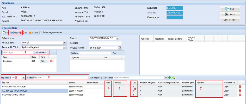 8-) Rapor Al ; Yazılan epikriz rapor olarak önizlemesi açar, 9-) Kapat ; Ekranı kapatır. E-Reçete > Hastaya reçete yazarken kullanacağımız buton.