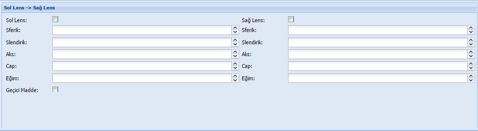 A4 -) Keratakonuslens Reçete Listeden Keratakonuslens reçetesi seçilir, Keratakonuslens reçetesi seçildikten sonra ekran Sol Lens ve Sağ